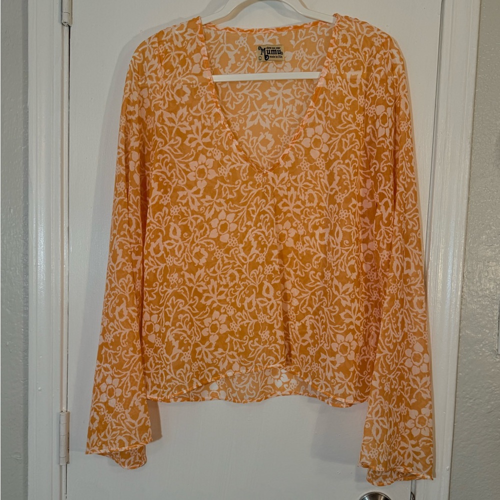 Show Me Your MuMu Creamsicle Floral Boho Bell Sleeve Sandee Blouse Size Large - Picture 3 of 9